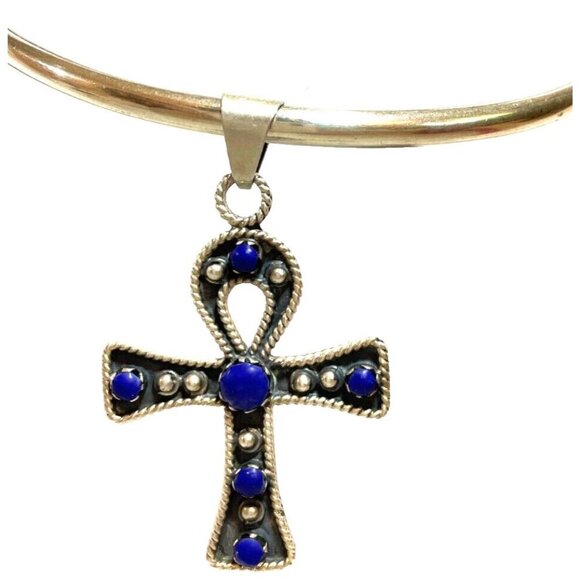 Taxco MX Silver Ankh Necklace Lapis Lazuli Cross Pendant Collar Egyptian 925 - Picture 2 of 16